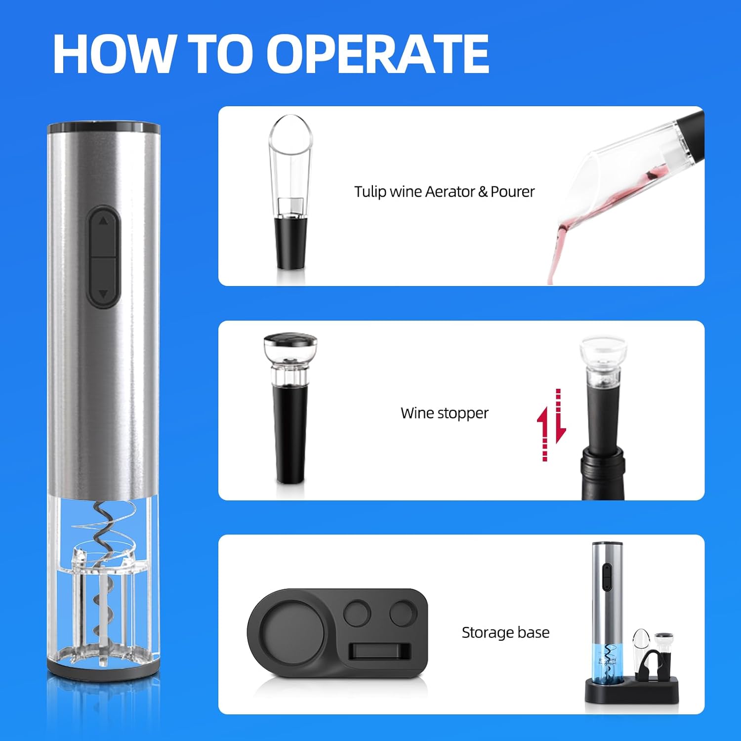 5-in-1 Elektrisches Weinflaschenöffner-Set: Batteriebetriebener, wiederverwendbarer Korkenzieher mit Aufbewahrungsstation, Folienschneider, Weinausgießer und Weinverschluss
